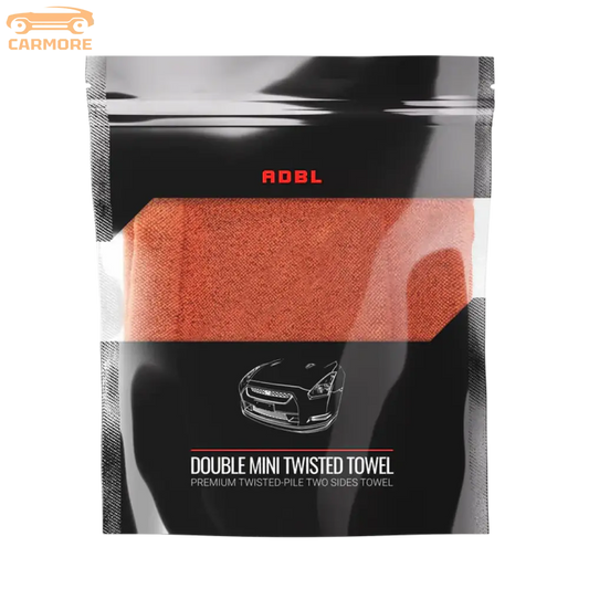 ADBL Double Mini Twisted Towel packaged in black doypack with orange microfiber cloth and car illustration