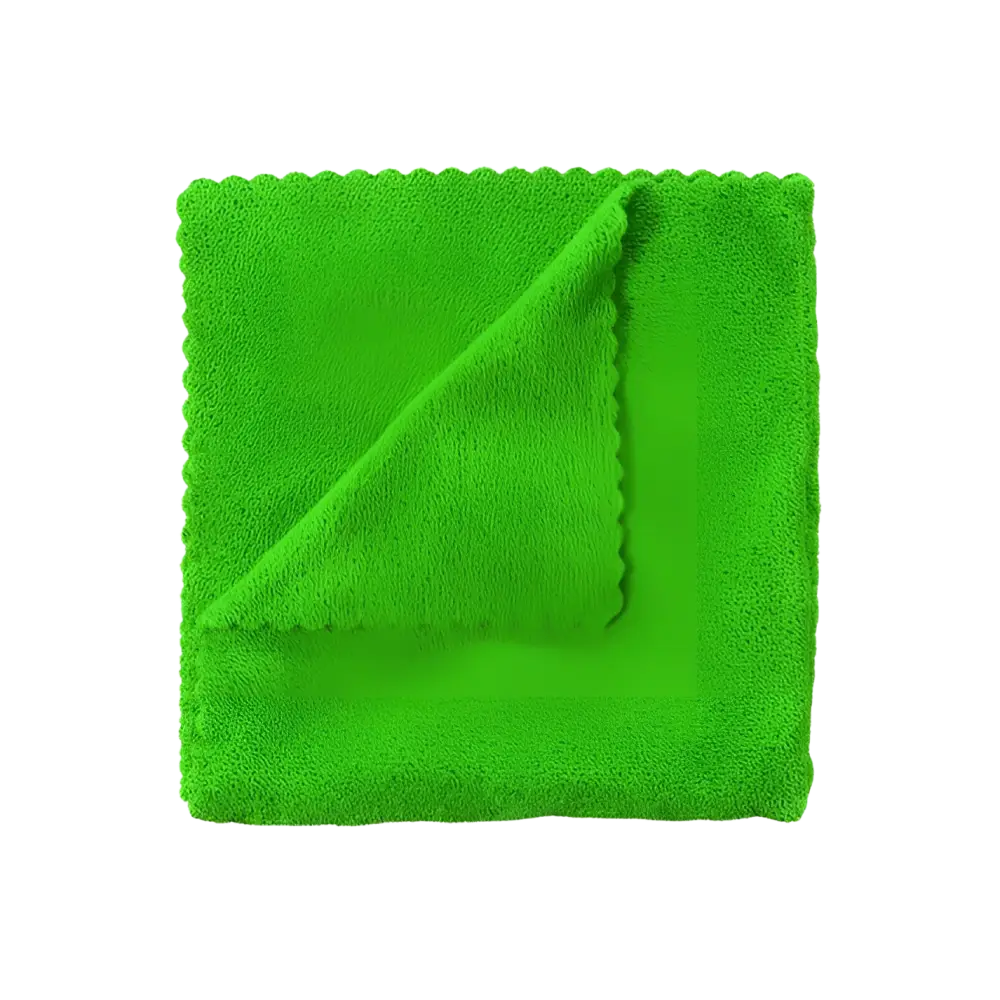 Bright green microfiber cleaning cloth with textured surface and folded corner