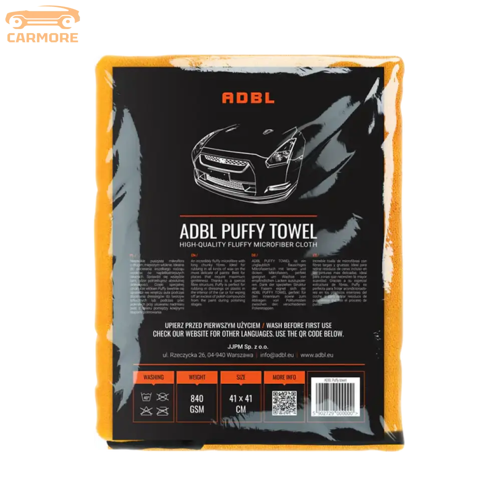 ADBL Puffy Towel microfiber cloth packaging with product details and car illustration