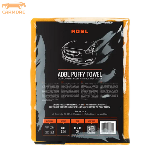 ADBL Puffy Towel microfiber cloth packaging with product details and car illustration