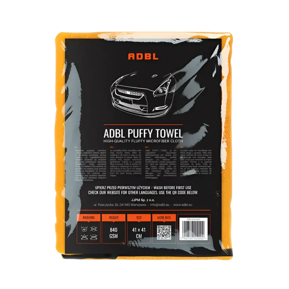ADBL Puffy Towel microfiber cloth packaging with product details and car illustration