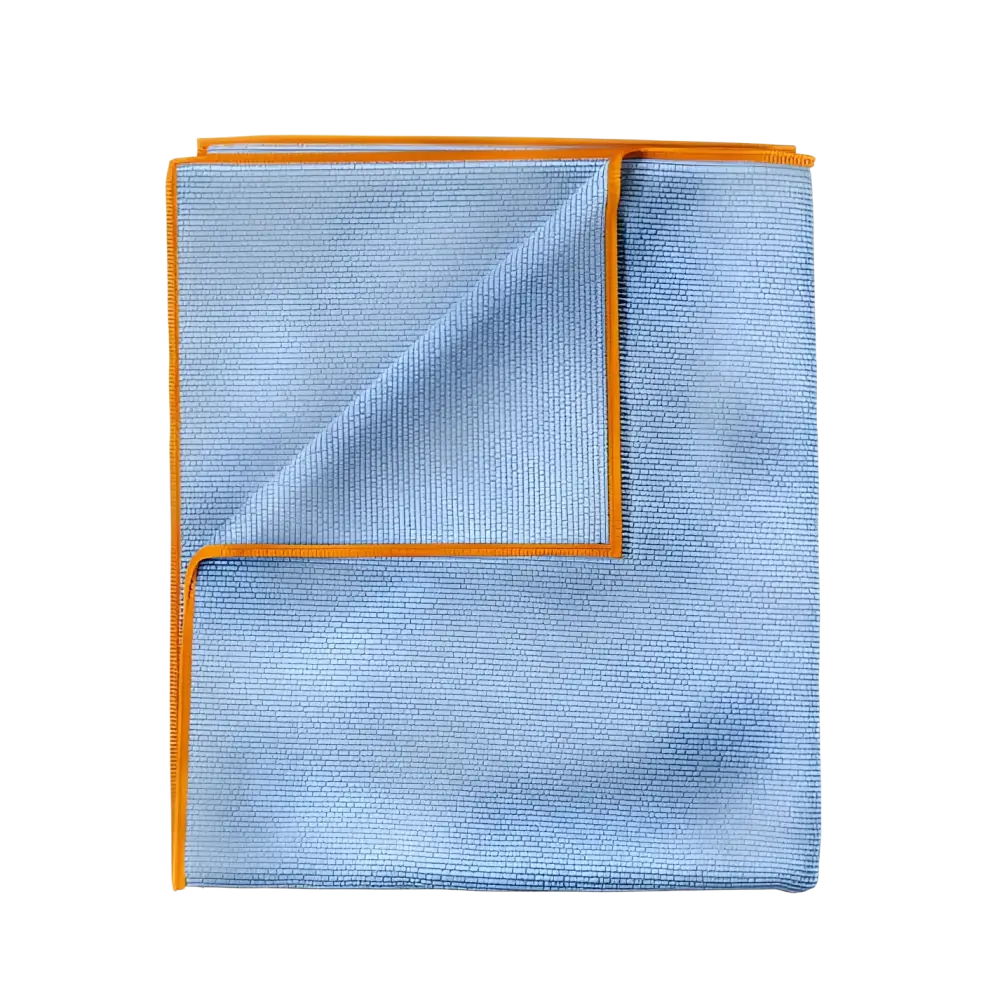 Blue microfiber towel with orange trim folded to show texture and edges