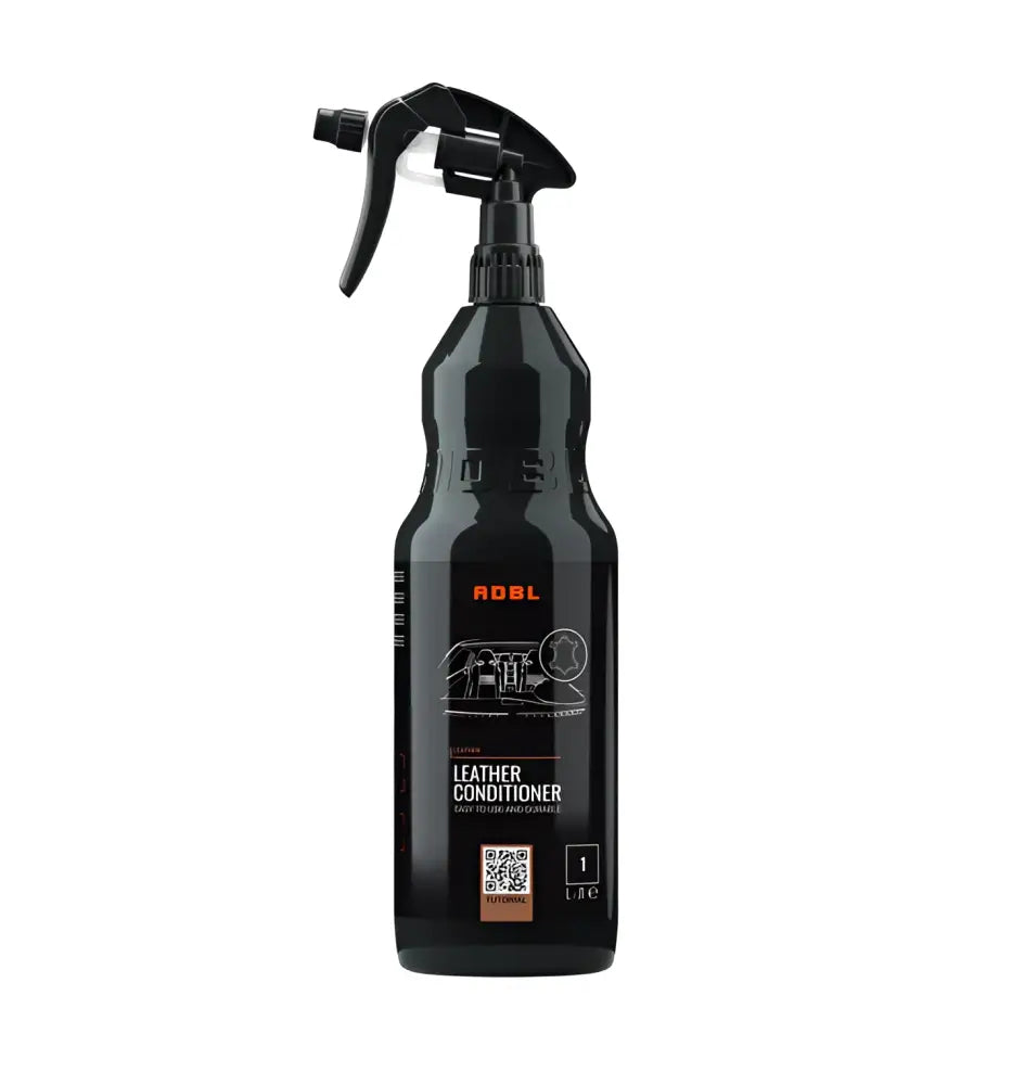 Black spray bottle of ADBL leather conditioner for durable leather care, 1 liter size