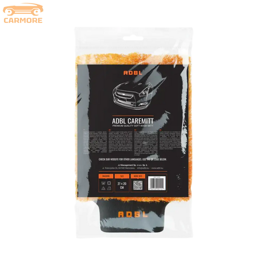ADBL Caremitt premium quality soft wash mitt in clear packaging with detailed label and orange microfiber