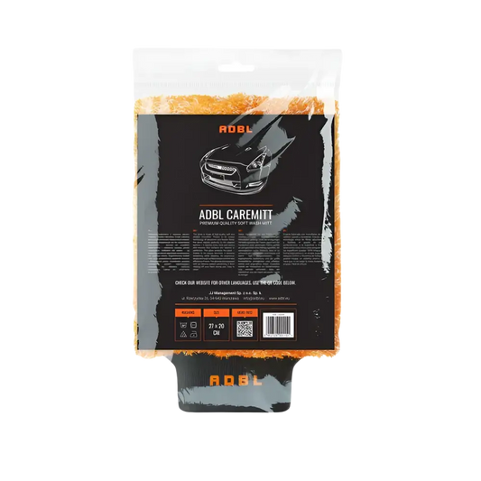 ADBL Caremitt premium quality soft wash mitt in clear packaging with detailed label and orange microfiber