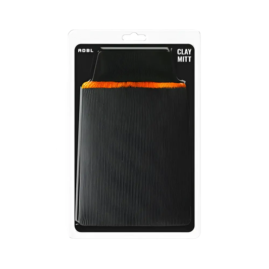 ADBL black clay mitt with orange trim for car detailing in clear retail packaging