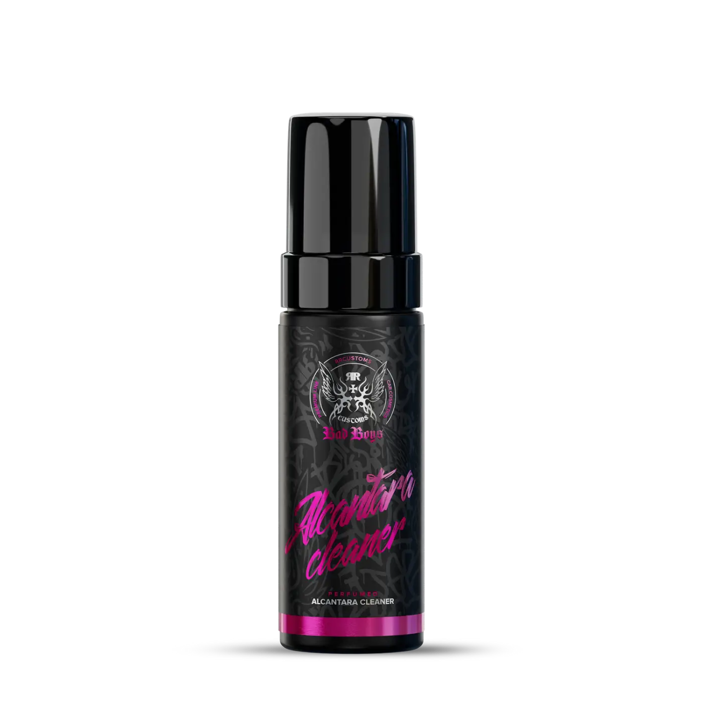 Black bottle of badboys alcantara cleaner foamer 150ml with glossy black cap and vibrant pink label text