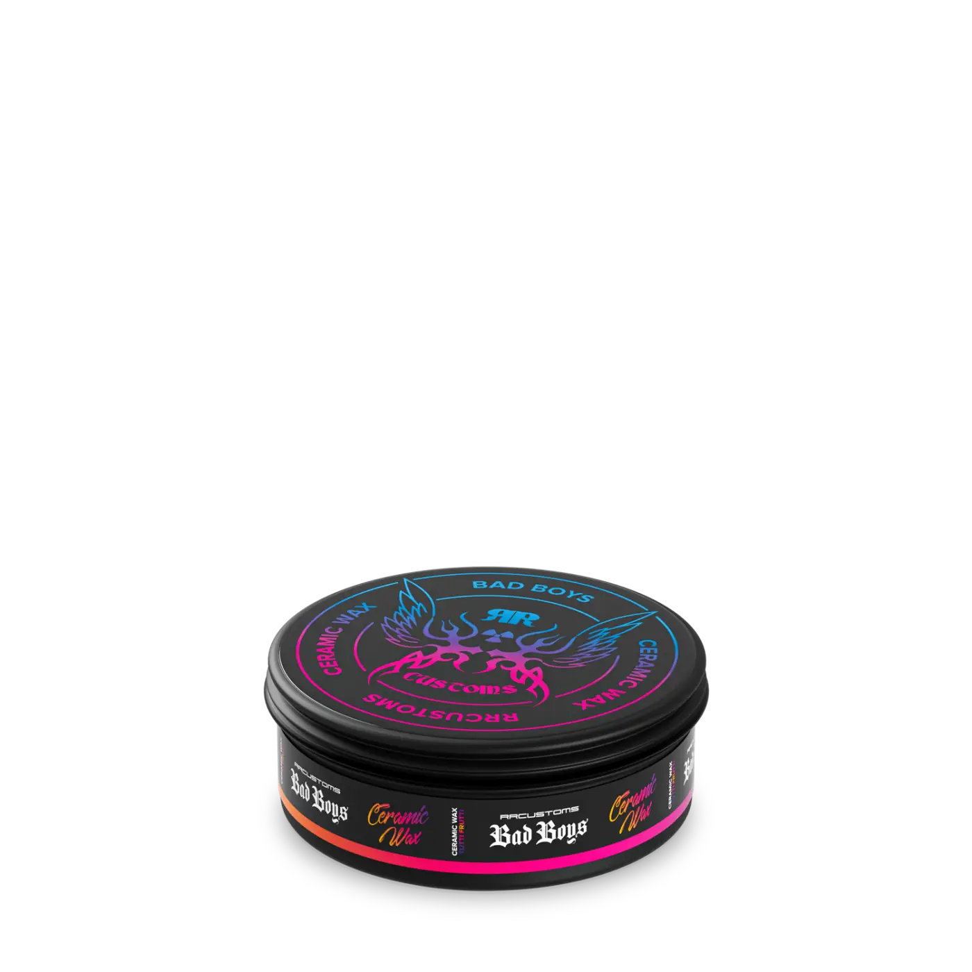 Musta sylinterimäinen bad boys ceramic wax tutti frutti pro purkki, kirkkaat pinkki ja sininen neonkuviot kannessa