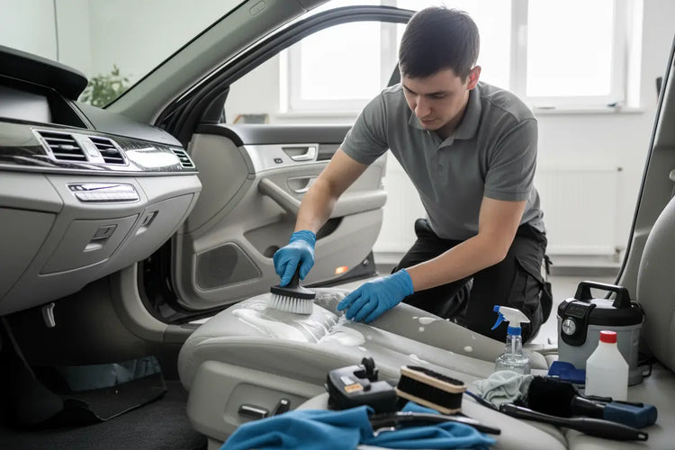 Professional cleaning car seats inside vehicle using scrubbing brush and foam for auto upholstery care