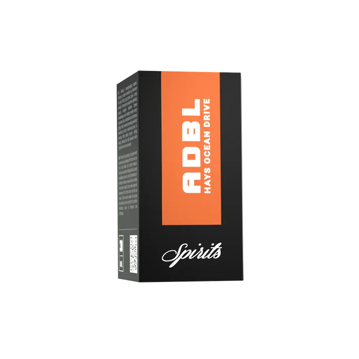 Black and orange ADBL Hays Ocean Drive spirits product box with white text on black background