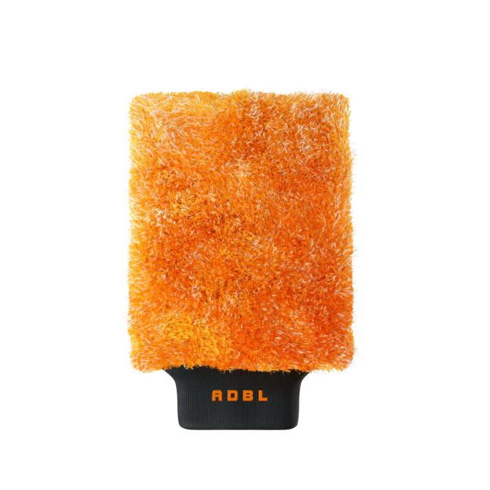 ADBL orange microfiber car care mitt with dense fluffy fibers for cleaning
