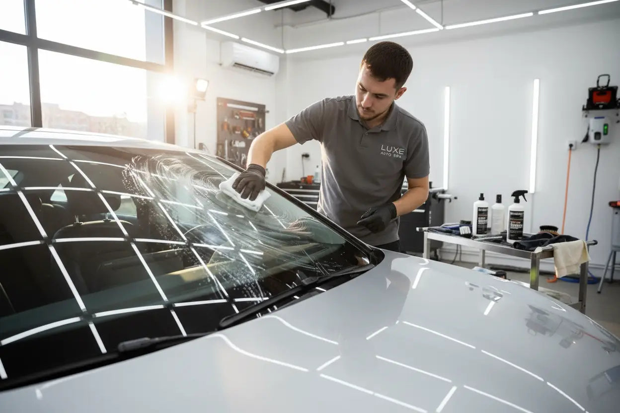 Car detailer polishing windshield inside a bright auto detailing workshop