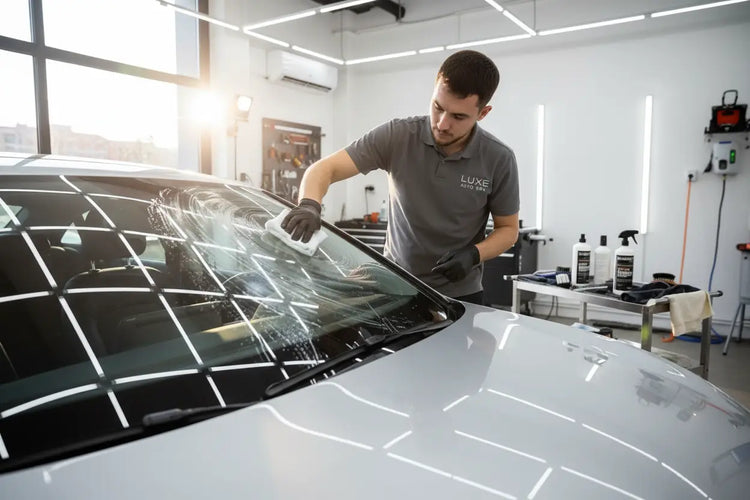 Car detailer polishing windshield inside a bright auto detailing workshop