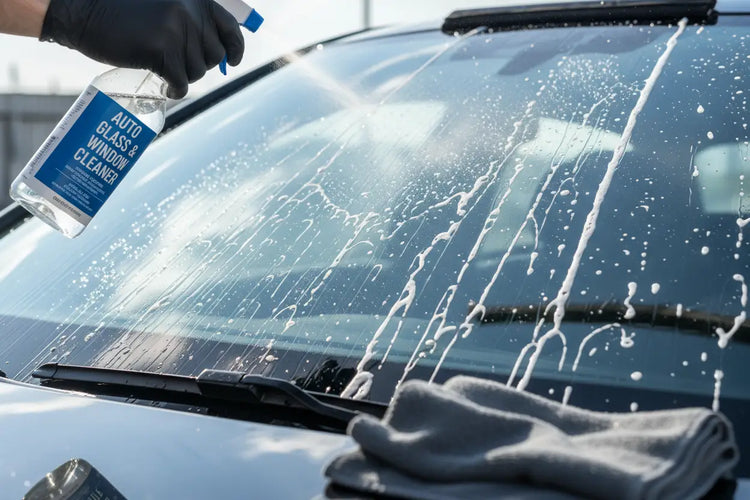 Hand spraying auto glass and window cleaner on car windshield with microfiber cloth nearby