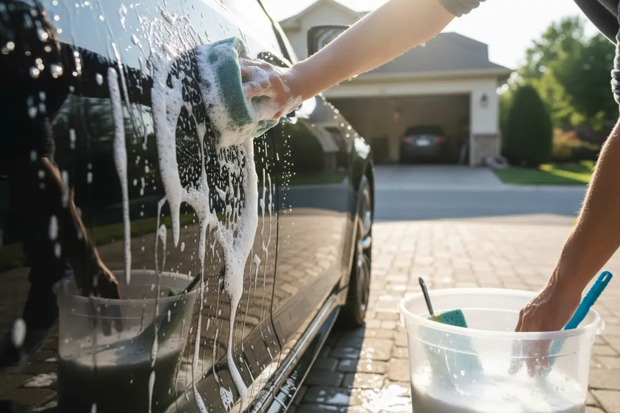 Person washing black car with soapy sponge in driveway near bucket with cleaning tools