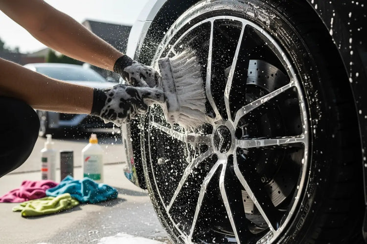 Person wearing gloves cleaning a black and silver car wheel with a brush and soapy water