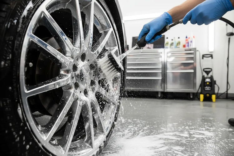 Close-up of a car wheel being cleaned with a brush and water spray in a garage