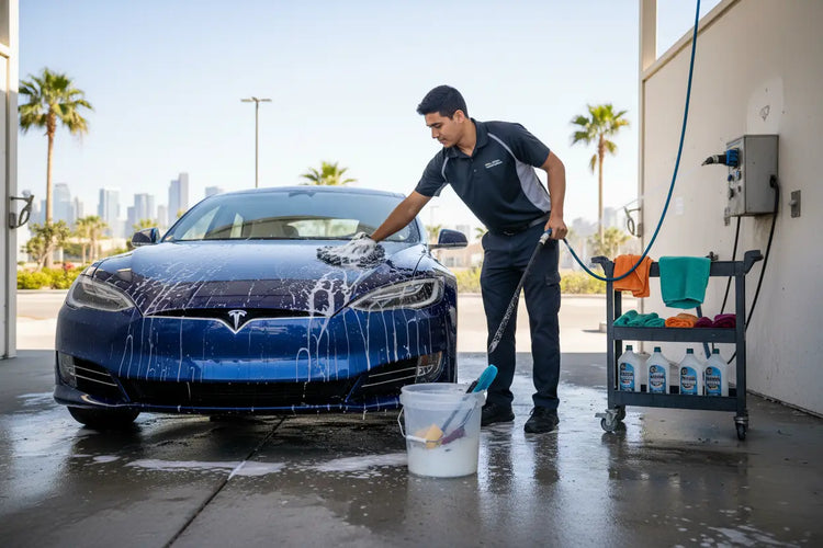 Man washing blue Tesla Model S at outdoor car wash station with soap and cleaning supplies