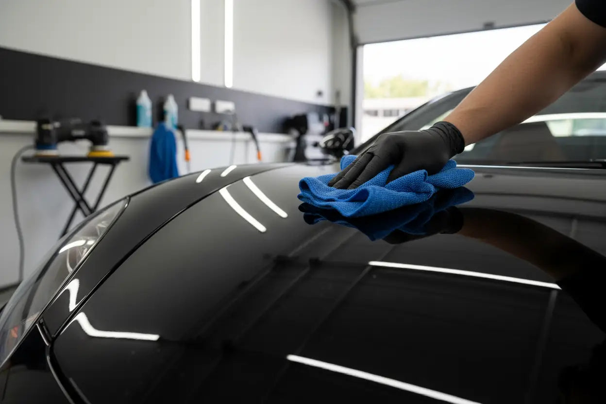 Person wearing black glove polishing black car hood with blue microfiber cloth in a garage