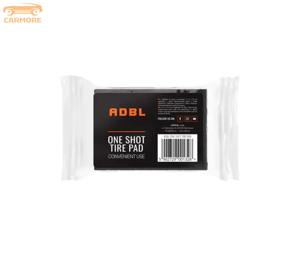 ADBL One Shot Tire Pad in clear packaging with black label for convenient tire care