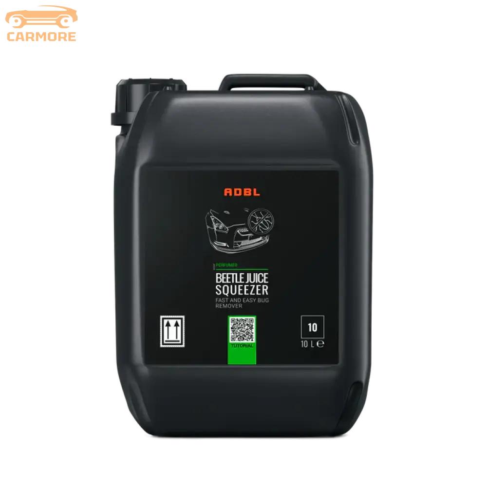 10 liter black container of ADBL Beetle Juice Squeezer perfumed bug remover with car front illustration