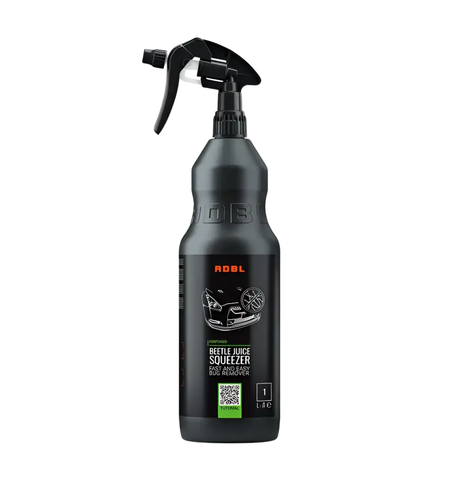 ADBL Beetle Juice Squeezer black bottle with spray nozzle, bug remover car cleaning product