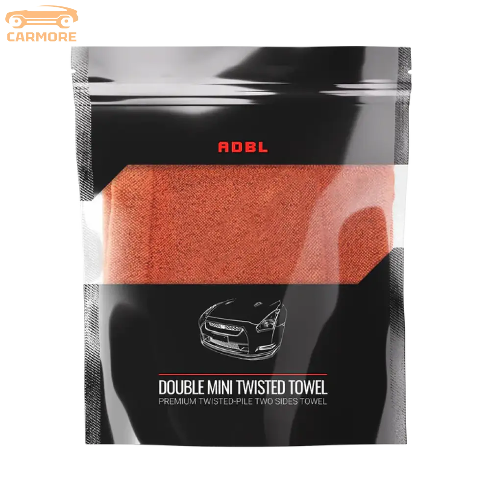 ADBL Double Mini Twisted Towel packaged in black doypack with orange microfiber cloth and car illustration