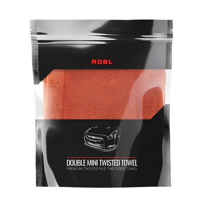 ADBL Double Mini Twisted Towel packaged in black doypack with orange microfiber cloth and car illustration