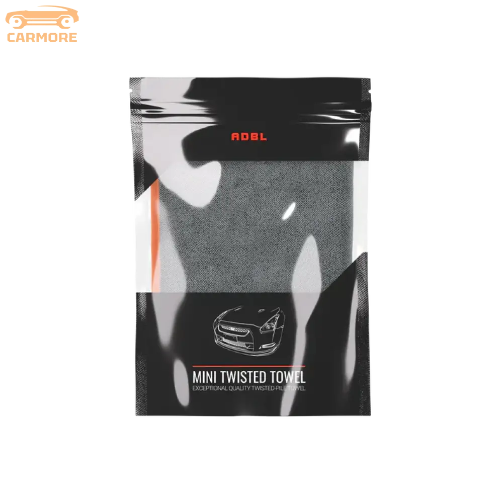 Black and gray mini twisted towel in clear black resealable doypack with car illustration and ADBL branding
