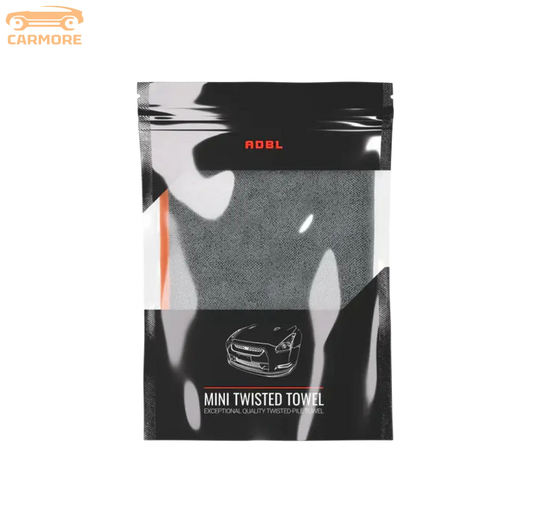 Black and gray mini twisted towel in clear black resealable doypack with car illustration and ADBL branding