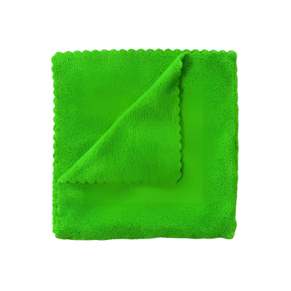 Bright green microfiber cleaning cloth with textured surface and folded corner