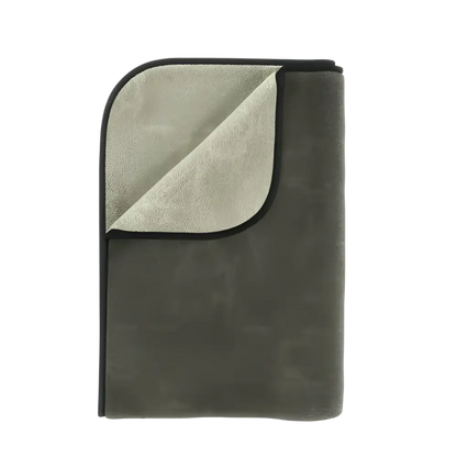 Folded microfiber towel in muted gray and light gray with black trim