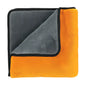 Soft dual-sided microfiber towel with orange and gray sides and black trim