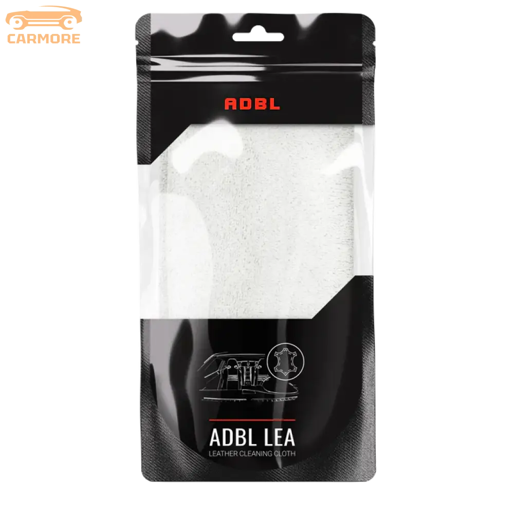 ADBL LEA leather cleaning cloth in black and transparent packaging with red logo and car interior graphic