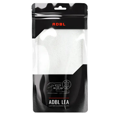 ADBL LEA leather cleaning cloth in black and transparent packaging with red logo and car interior graphic