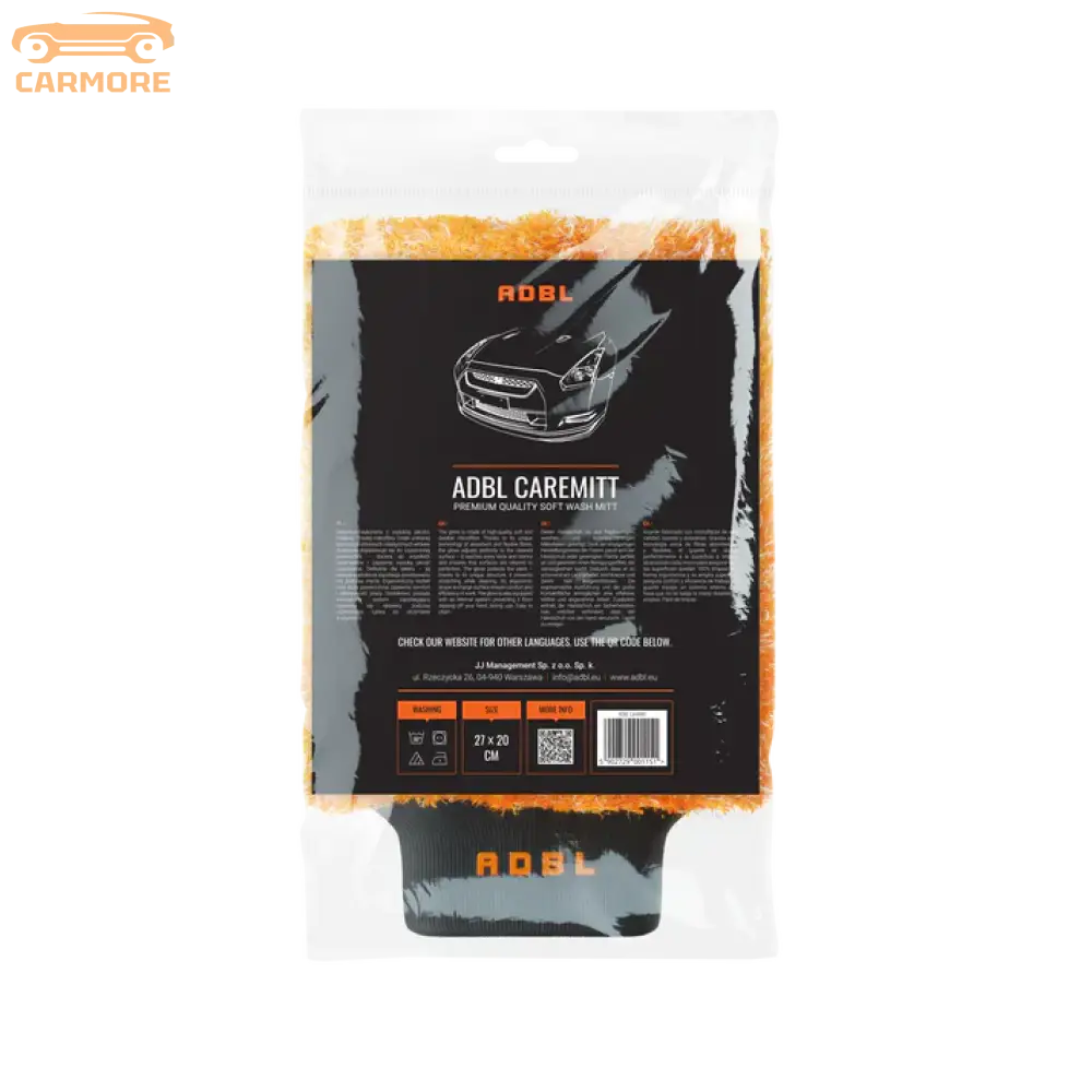 ADBL Caremitt premium quality soft wash mitt in clear packaging with detailed label and orange microfiber