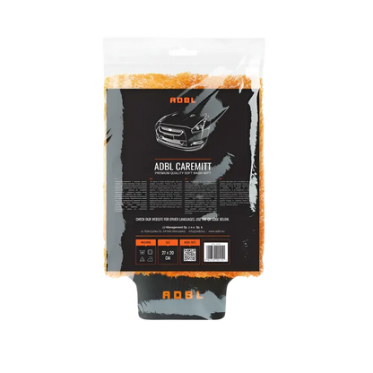 ADBL Caremitt premium quality soft wash mitt in clear packaging with detailed label and orange microfiber