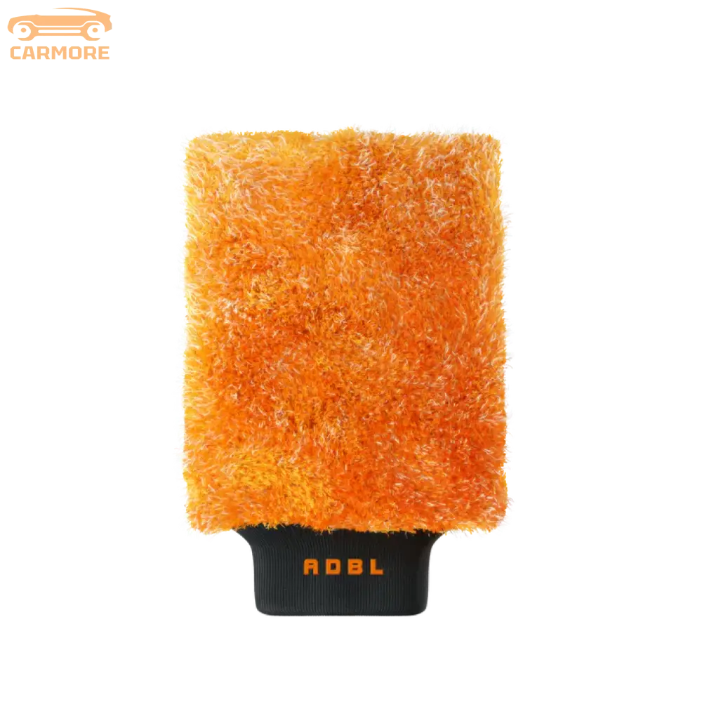 Orange microfiber car wash mitt with black cuff labeled ADBL