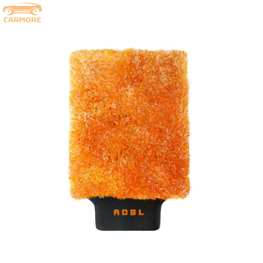 Orange microfiber car wash mitt with black cuff labeled ADBL