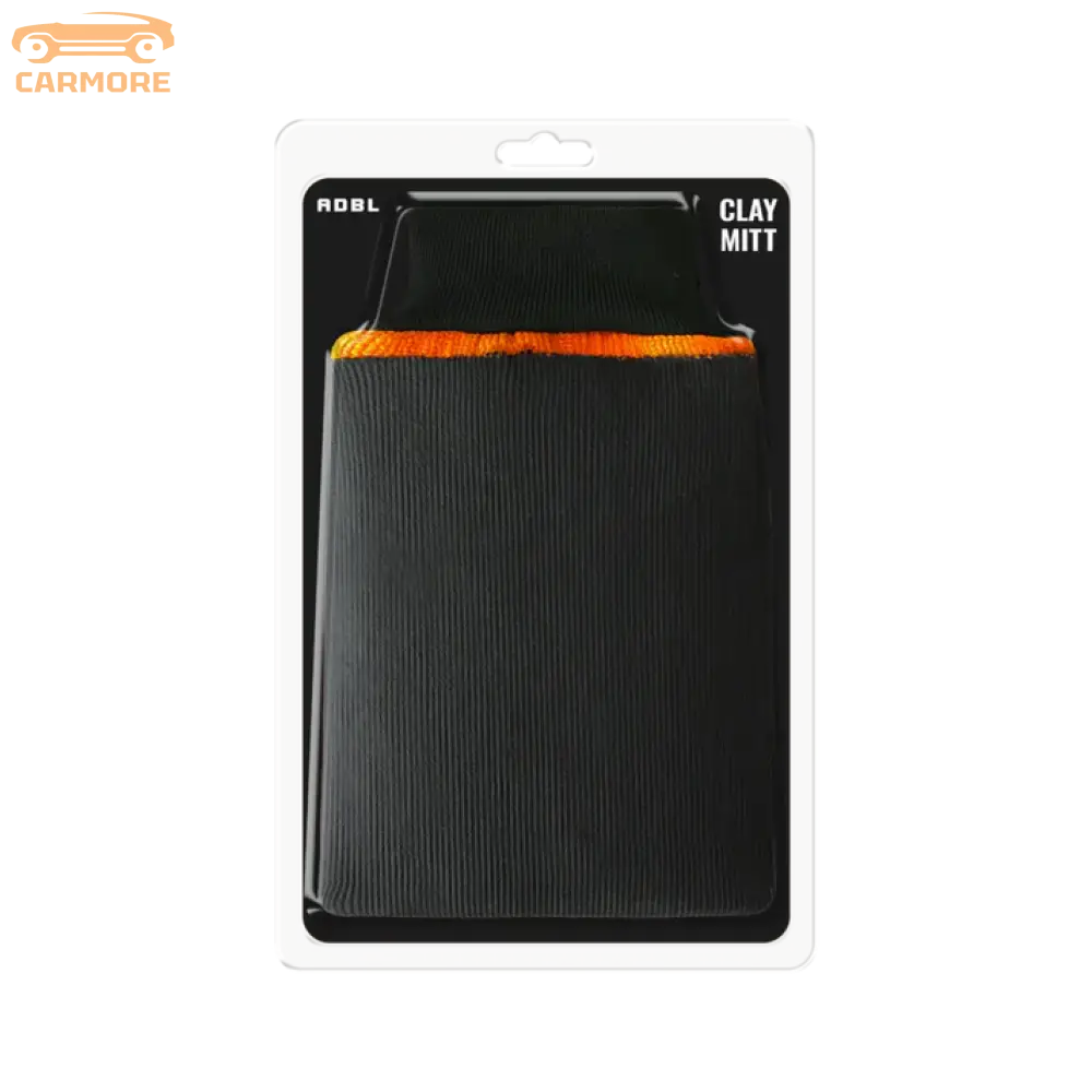 ADBL black clay mitt with orange trim for car detailing in clear retail packaging