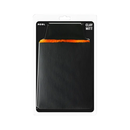 ADBL black clay mitt with orange trim for car detailing in clear retail packaging
