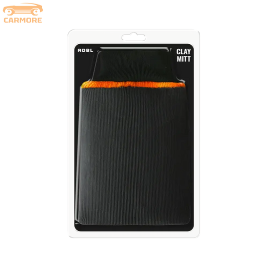 ADBL black clay mitt with orange trim for car detailing in clear retail packaging