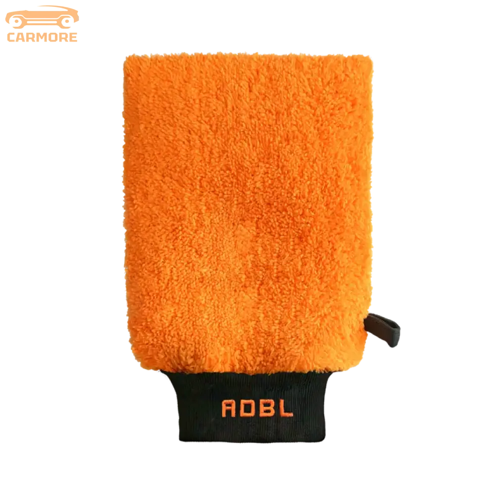 Orange microfiber wash mitt with black cuff and ADBL logo for car detailing