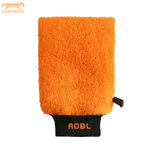 Orange microfiber wash mitt with black cuff and ADBL logo for car detailing
