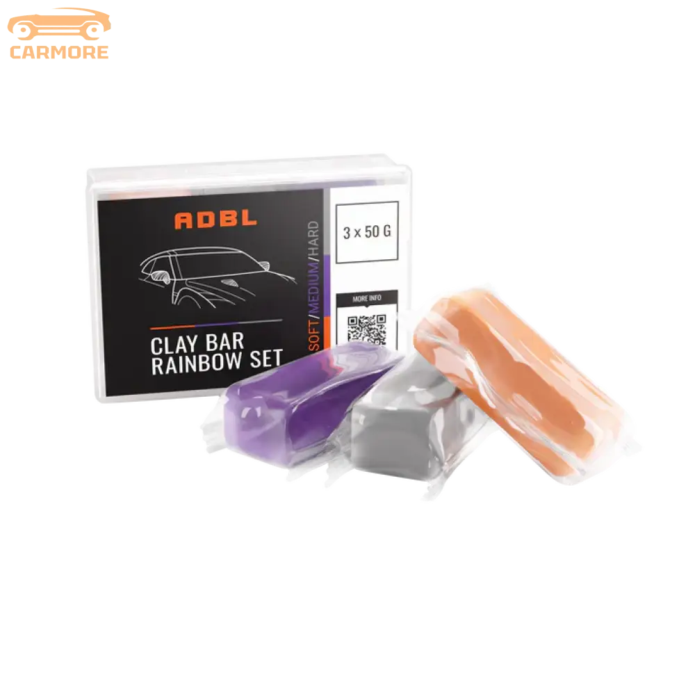 ADBL Clay Bar Rainbow Set with three colored clay bars in purple, grey, and orange for car detailing