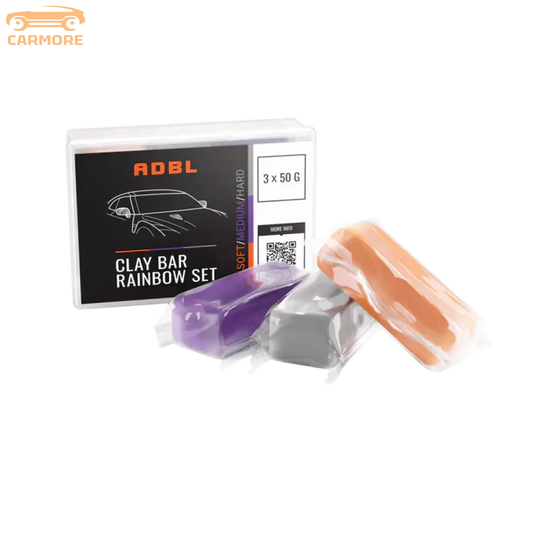 ADBL Clay Bar Rainbow Set with three colored clay bars in purple, grey, and orange for car detailing