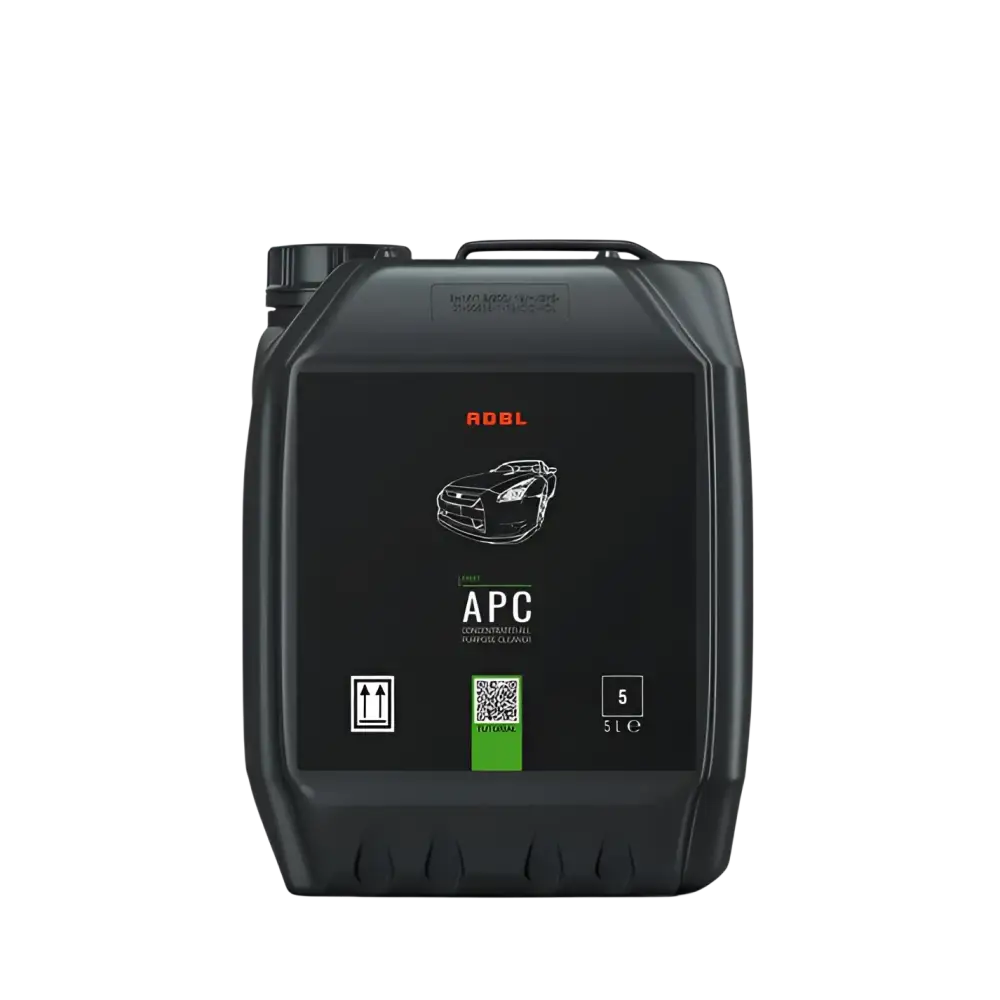 Black 5-liter container of ADBL APC concentrated all purpose cleaner with car illustration and QR code