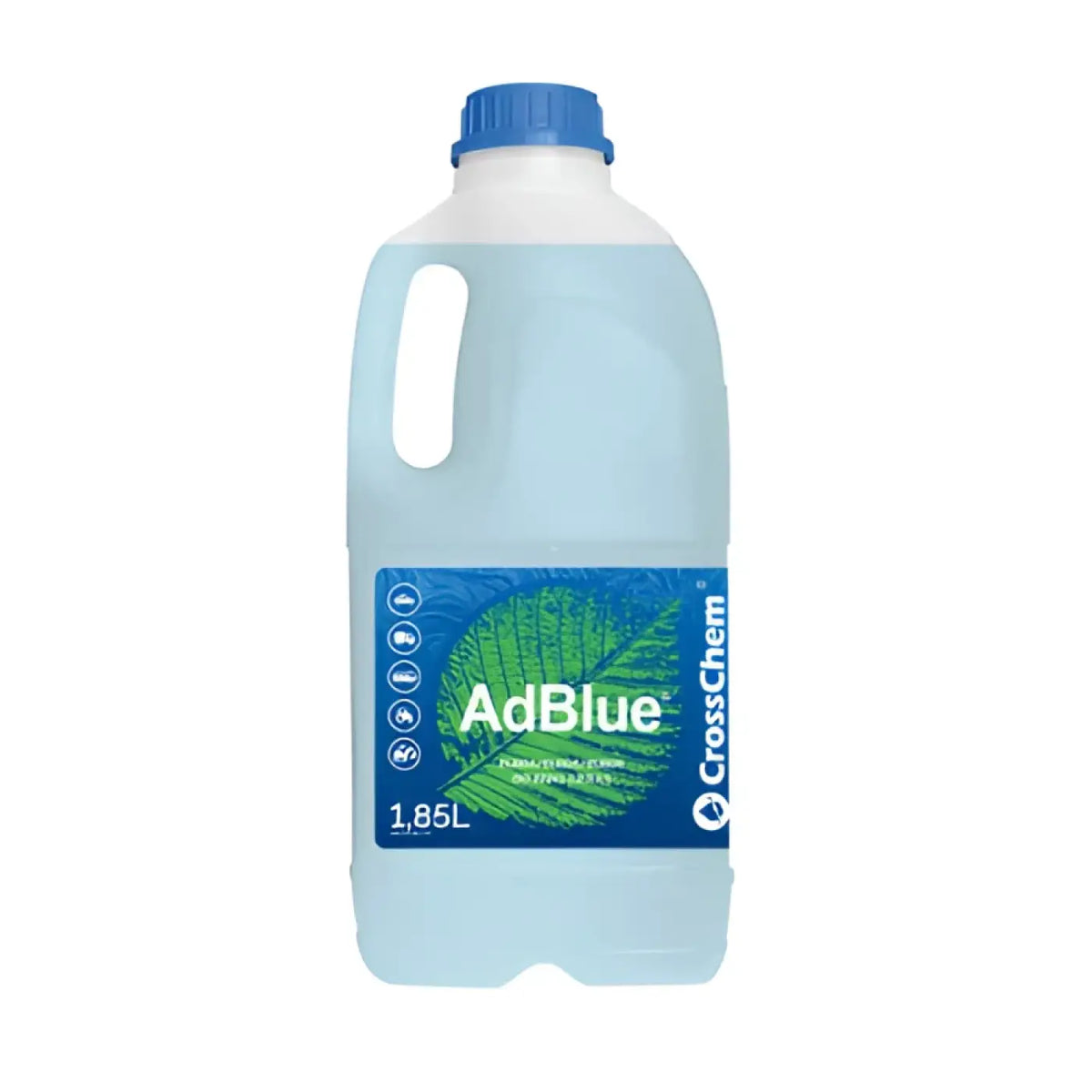 A 1.85l läpikuultava sininen muovipullo adbluea crosschemilta, sinisellä kierrekannella ja vihreällä lehtikuvioisella etiketillä