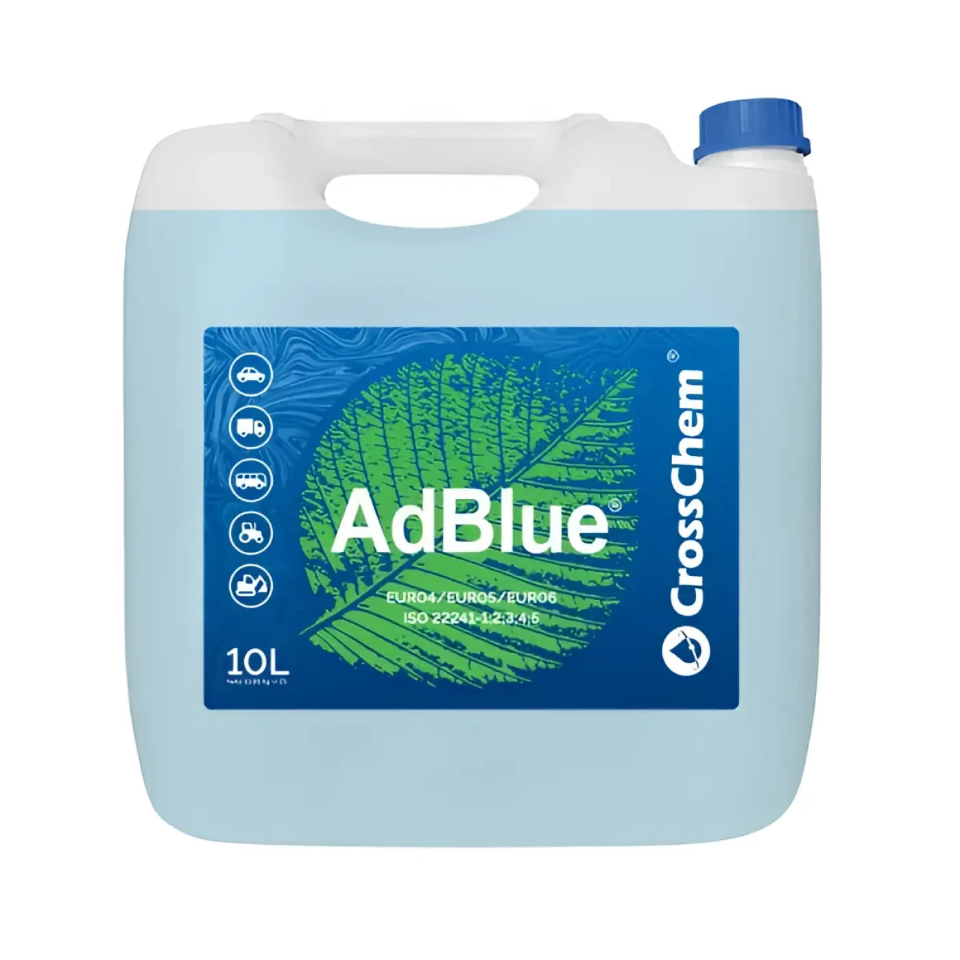 Light blue 10l adblue container with white handle and blue cap branded by CrossChem for diesel vehicle emission control