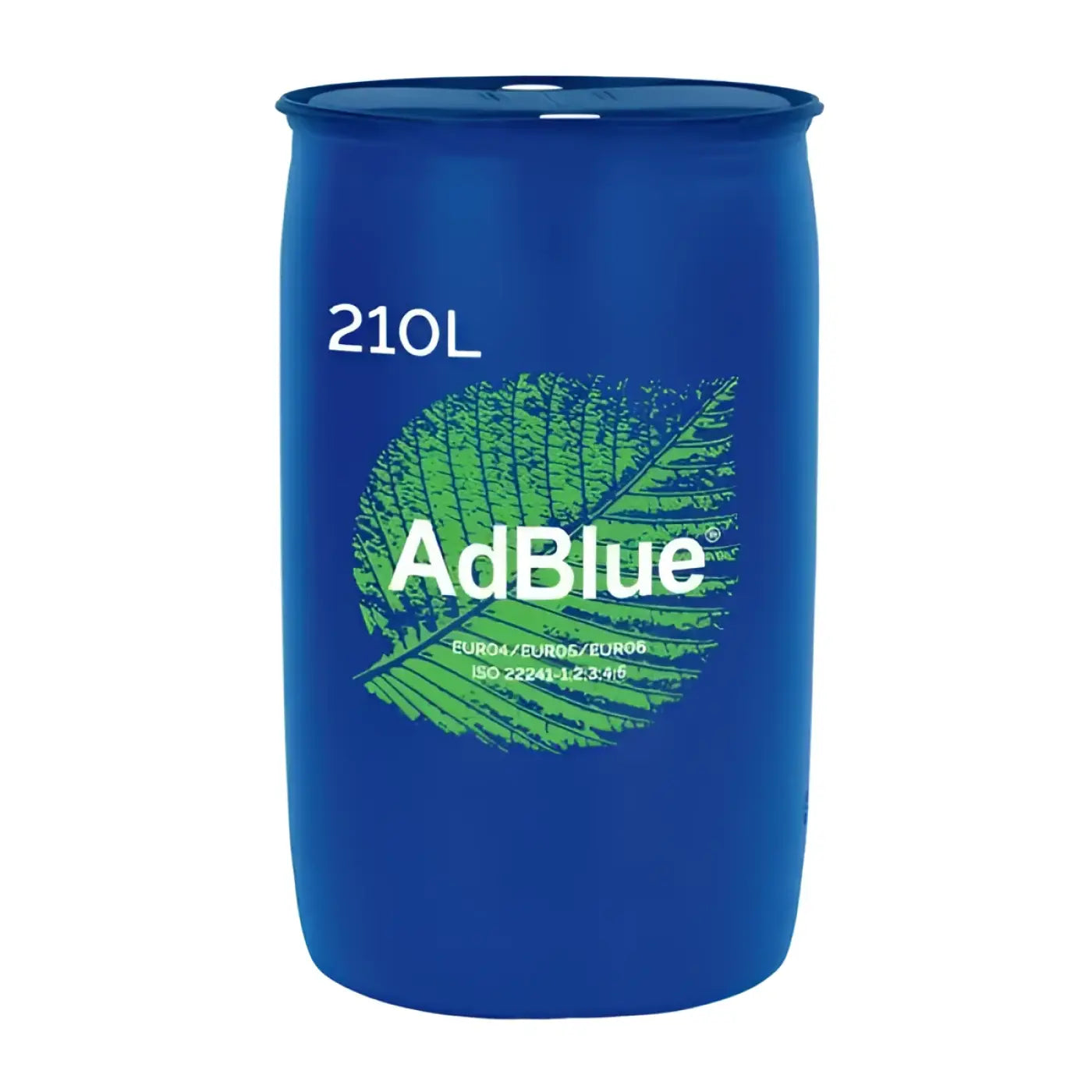 Sininen 210 litran adblue-tynnyri vihreällä lehtilogolla ja valkoisella tekstillä adblue-tuotemerkillä